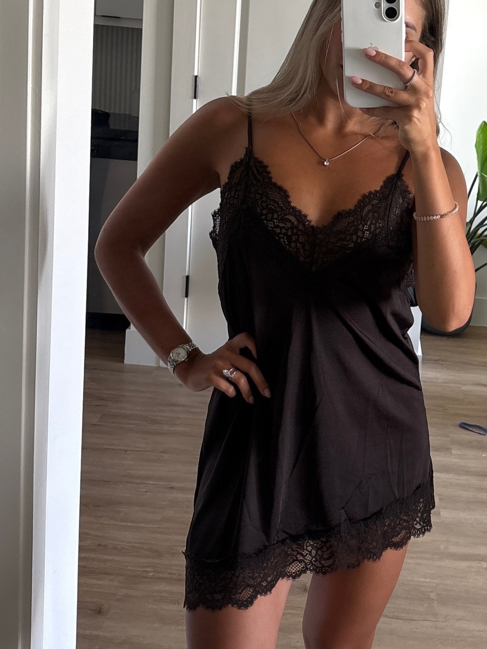 H&M Brown Lace Trim Satin Chemise dress
